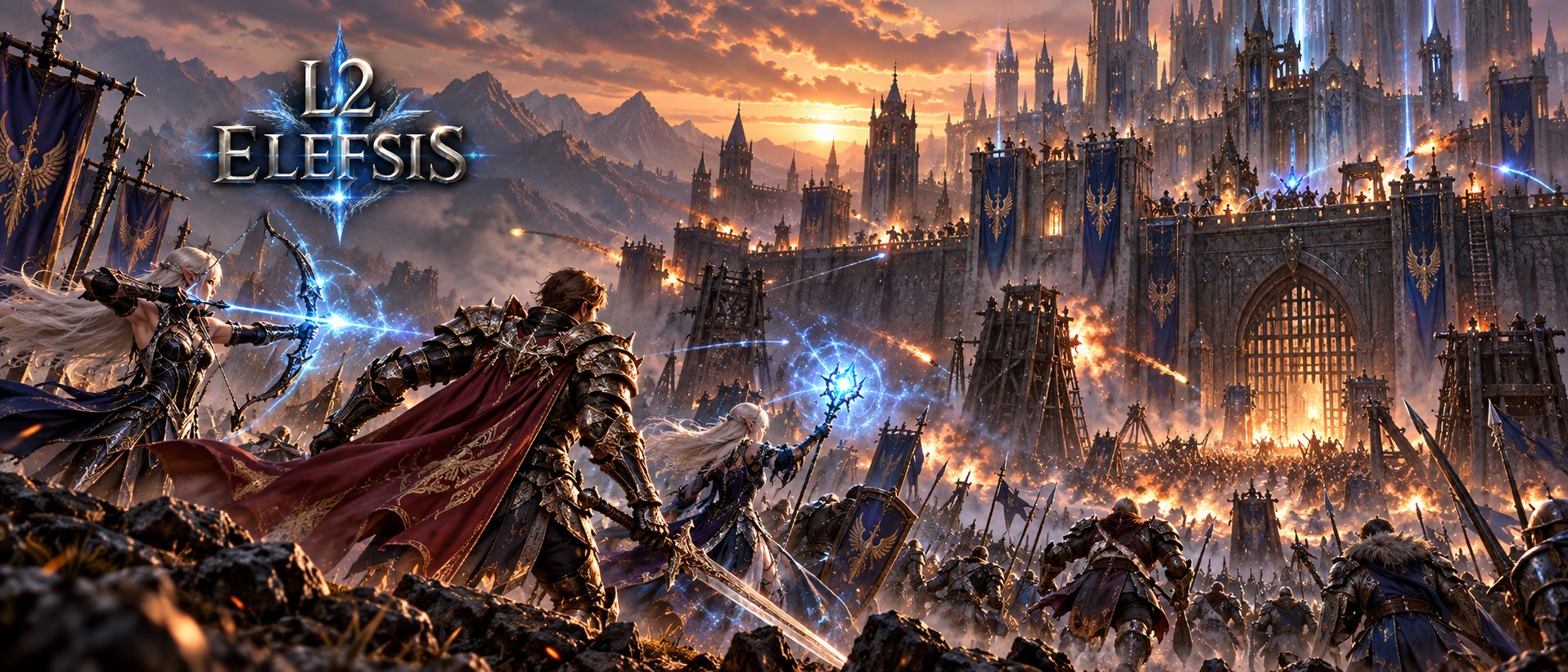 Elves, knights and mages storm a castle during a great siege